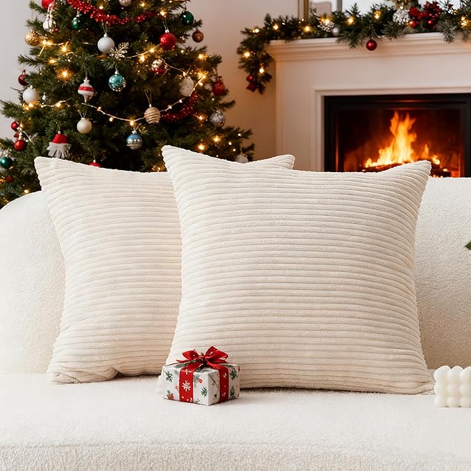 Home Brilliant 24x24 Pillow Covers Set of 2 Striped Velvet Corduroy Euro Throw Pillow Sham Large Cushion Covers for Chair Christmas Decor, 24 x 24 inch, Cream Cheese