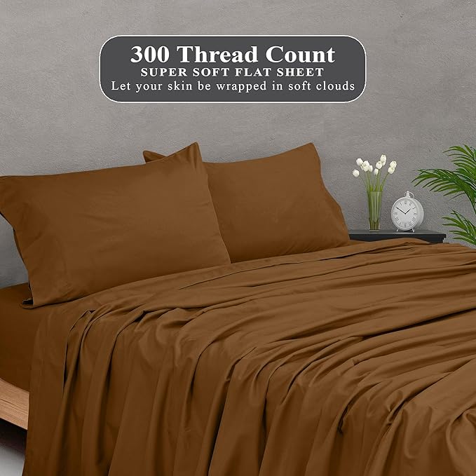 Royale Linens 300 Thread Count 100% Long Staple Combed Cotton Flat Sheet - Super Soft - Top Sheets - Full Flat Sheet Sold Separately - Breathable, Cool & Crisp Percale Sheets Only (Twin XL, Chocolate)