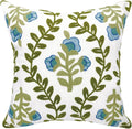 Alysheer Floral Embroidered Summer Decorative Throw Pillow Cover 18"x 18", Farmhouse Cottage Blue Flowers Green Leaves Knit Pattern Cotton Canvas Cushion Case for Sofa Couch Bed Living Room Decor