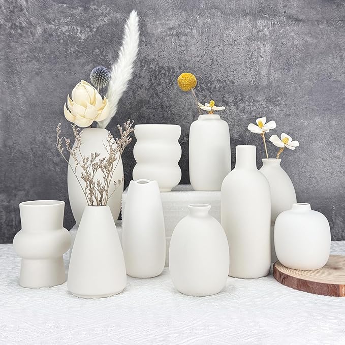 White Ceramic Vase Set of 10, Small Ceramic Flower Vases Bulk Bud Vases for Wedding Table Centerpieces Decor Pampas Grass Modern Boho Home Party Decor DIY Gift