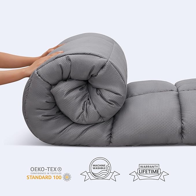 SLEEP ZONE Cooling Mattress Topper Twin Size Quilted Fitted Mattress Pad Cover, Soft Fluffy Down Alternative Pillow Top Bed Topper Deep Pocket 8-21 Inch (Grey, Twin)