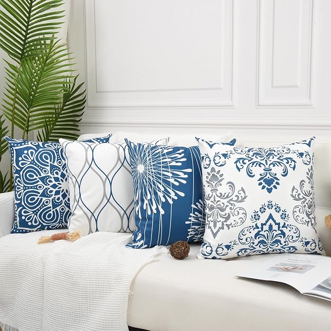 Decorative Throw Pillow Covers 20x20 Set of 4, Modern Simple Square Pillow Case Cushion Cover for Sofa Couch Farmhouse Living Room (Blue, 20"x20")