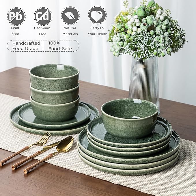 AmorArc Stoneware Dinnerware Sets for 4,Round Reactive Glaze Ceramic Plates and Bowls Set,Highly Scratch Resistant | Dishwasher & Microwave Safe Dishes Set,Service for 4 (12pc)