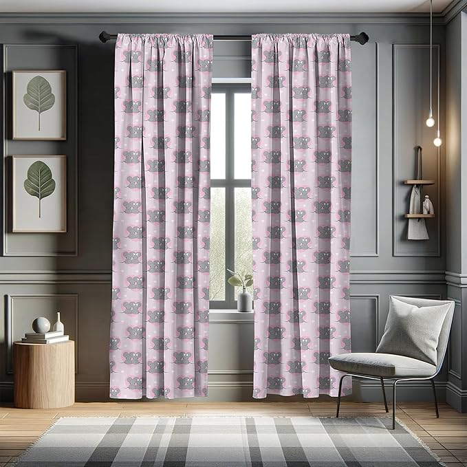 Ambesonne Pink and Grey Window Curtains, Little Mouse Characters with Hearts on Striped Backdrop Cartoon Lovers, Lightweight Decor 2-Panel Set with Rod Pocket, Pair of - 28" x 84", Grey Pink
