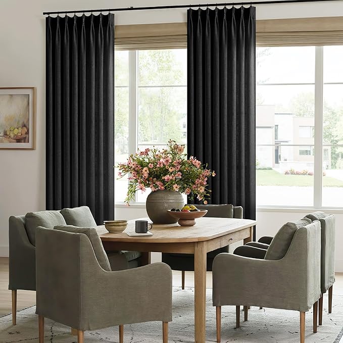 Black Linen Semi Sheer Curtains 96 Inches Long for Living Room Bedroom Light Filtering Black Textured Burlap Pinch Pleated Curtains 96 Length Hooks Rings Back Tab for Sliding Glass Door 1 Panel