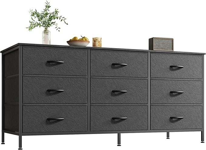 Huuger 9 Drawer Dresser, 47 Inch Dresser TV Stand for 50, 55 Inch TV, Entertainment Center with Drawers, Fabric Chest of Drawer for Bedroom, Closet, Black