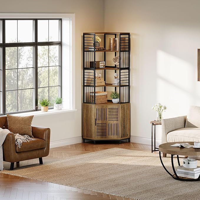 Tribesigns Tall Corner Storage Cabinet, 77.76-Inch Industrial Corner Shelf with Door, 7-Tier Metal Bookshelf Storage Bookcase Display Shelving Unit for Living Room, Rustic Brown