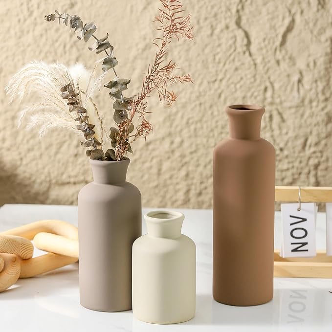 Ceramic Vase Set of 3, Flowers Neutral Modern Vases Home Decor Rustic Farmhouse Decor Pampas Vase for Table Mantel Entryway Shelf Living Room Kitchen Bathroom - Brown