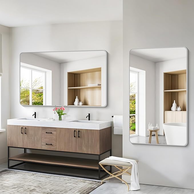 55x36 Inch Silver Bathroom Mirror, Large Rectangular Vanity Mirror, Metal Framed Rectangle Mirror, Rounded Corner Wall Mounted Mirrors for Living Room Bedroom Entryway Horizontal or Vertical