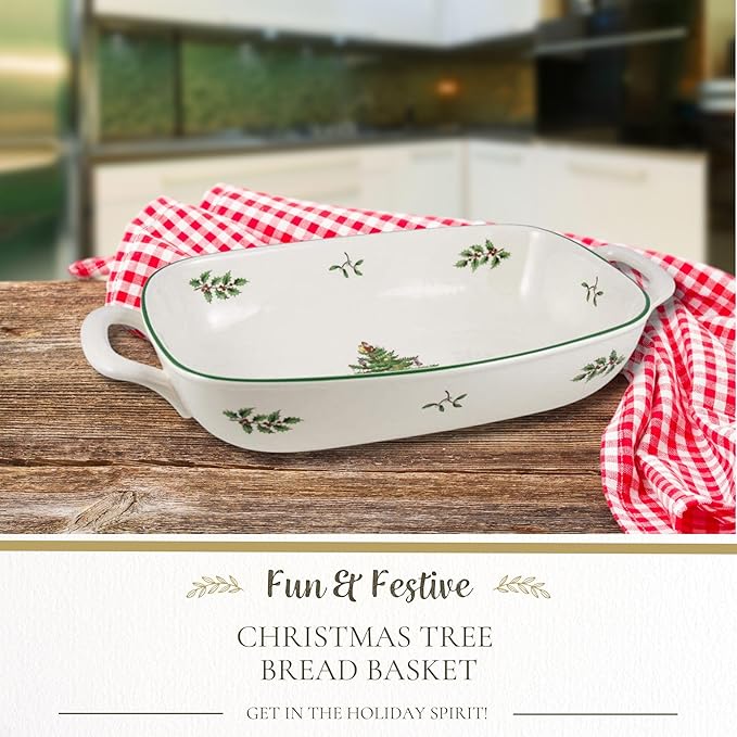 Spode Christmas Tree Oval Breadbasket, 14 Inch x 7.5 Inch Handled Bowl for Fruit, Bread, Cookies - Porcelain Gift, Holiday Serveware & Oven to Table Dish, Dishwasher Safe Tableware