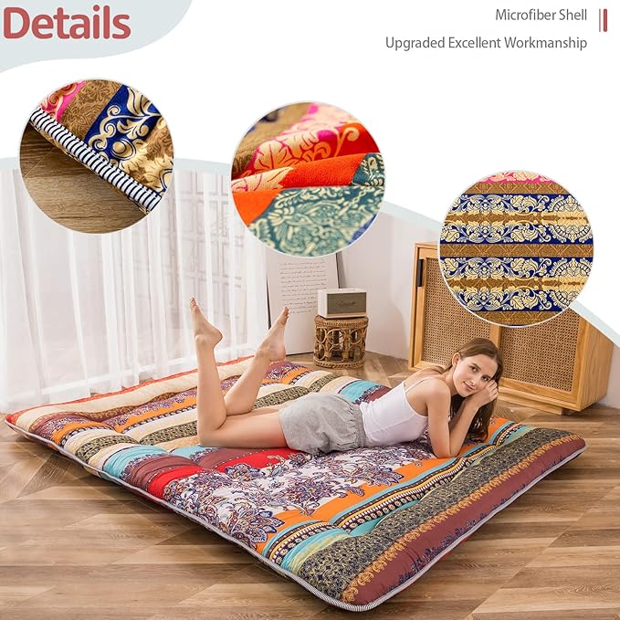 MAXYOYO Bohemian Retro Floor Mattress Vintage Floral Japanese Futon Mattress Roll Up Thicken Sleeping Bed Portable Camping Mattress Floor Lounger Couch Bed Mattress Pad, Full Size