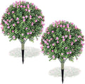 Yunlly Set of 2 Artificial Boxwood Topiary Ball Tree Fake Bushes Shrubs Outdoor Faux Plant with Ground Spike Flowers UV Resistance Greenery for Front Porch Garden Patio Indoor(Light Pink,27x18inch)