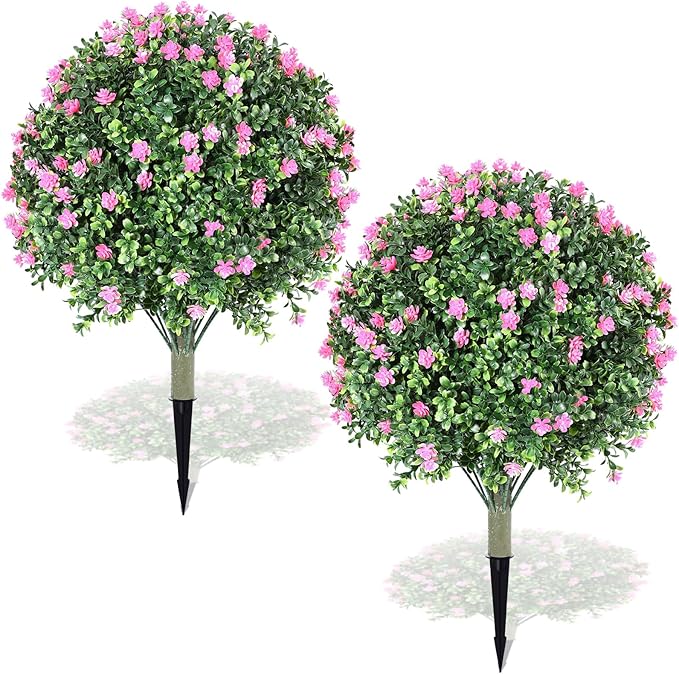 Yunlly Set of 2 Artificial Boxwood Topiary Ball Tree Fake Bushes Shrubs Outdoor Faux Plant with Ground Spike Flowers UV Resistance Greenery for Front Porch Garden Patio Indoor(Light Pink,27x18inch)