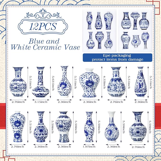 Maxcheck 12 Pcs Christmas Porcelain Blue and White Vase Mini Chinoiserie Bud Vase Vintage Ceramic Oriental Handmade Chinese Flower Jardiniere for Home Office Shelf Table Centerpieces Decor(Classic)