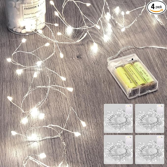 4 Pack Fairy Lights Battery Operated, Twinkle String Lights Waterproof Silver Wire 5 Feet 60 Led Firecracker Starry Lights for DIY Wreath Wedding Party Bedroom Mason Jar Holiday Christmas, Pure White