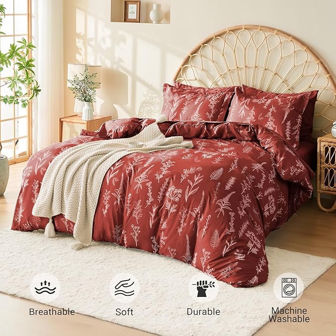 MUXHOMO Terracotta Bed in a Bag Queen 7 Pieces, Queen Comforter Set Reversible Botanical Flowers Design, Ultra Soft & Breathable Bedding Sets with Comforter, Sheets, Pillowcases & Shams