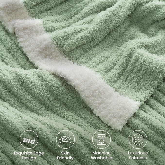 Snuggle Sac Fluffy Ribbed Throw Blanket for Couch, Sage Green, Microfiber Knit Throws for Sofa, Soft Luxurious Fuzzy Warm Blankets for Sofa, Bed, Travel, Sage Green, 50x60 inches