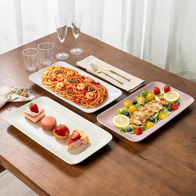 AmorArc Ceramic Serving Platter,Rectangular 16"/14.3"/12.6" inch Serving Dishes for Party Entertaining,Stoneware Serving Trays for Turkey,Salad,Microwave&Dishwasher Safe-Set of 3-White