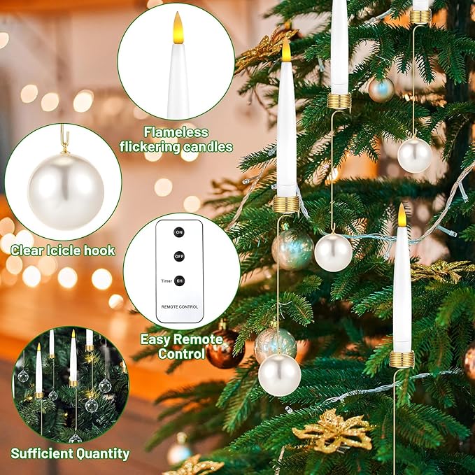 Baquler 24 Pcs Christmas Tree Candles with Remote, Flameless LED Candlesticks Flickering Candles with Pearl Ball Hooks for Xmas Home Wedding Winter New Year Hanging Ornaments Party Supplies