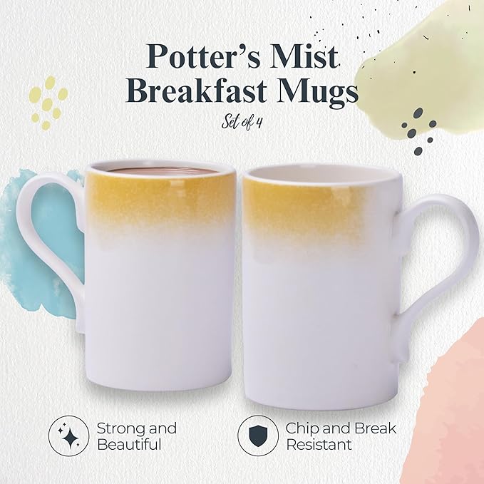 Portmeirion Potters 9oz Ceramic Mug (Set of 4) - Handcrafted Coffee Mugs with Yellow Mists - Dishwasher, Microwave, Freezer Safe - Earthenware Mugs for Tea & Coffee Lovers, Unique Mug Set (Yellow)