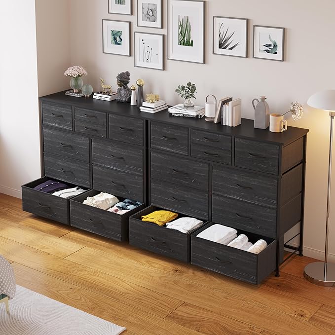 LUMTOK 10-Drawer Dresser, Fabric Dressers Drawers for Bedroom, Hallway, Nursery, Closets, Steel Frame, Wood Top, Easy Pull Handle (Black Wood Veins)
