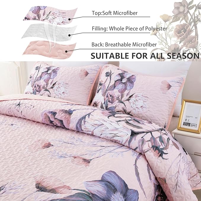 Floral Quilt Set Queen 3 Pieces Pink Floral Quilt Coverlet Set Soft Microfiber Lightweight Pink Quilted Bedspread for All Season 90"x96"