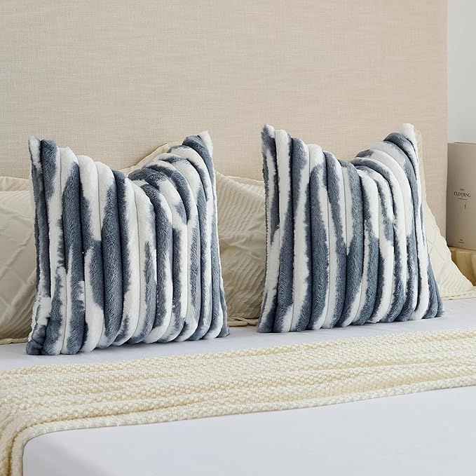 FUTEI Blue Decorative Throw Pillow Covers 18x18 Inch Set of 2, Soft Tie-Dye Faux Rabbit Fur Striped Texture Cushion Case, Modern Home Decor for Couch Bed Living Room