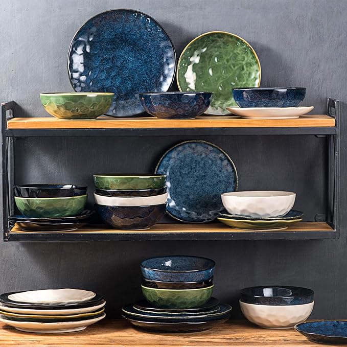 vicrays Ceramic Salad Bowls Set for Kitchen, Serving - 32 Ounce Soup Bowls, Pasta Bowls, Chip Resistant, Dishwasher Microwave Safe, Large, Fluted, stoneware, Set of 6 (Blue)