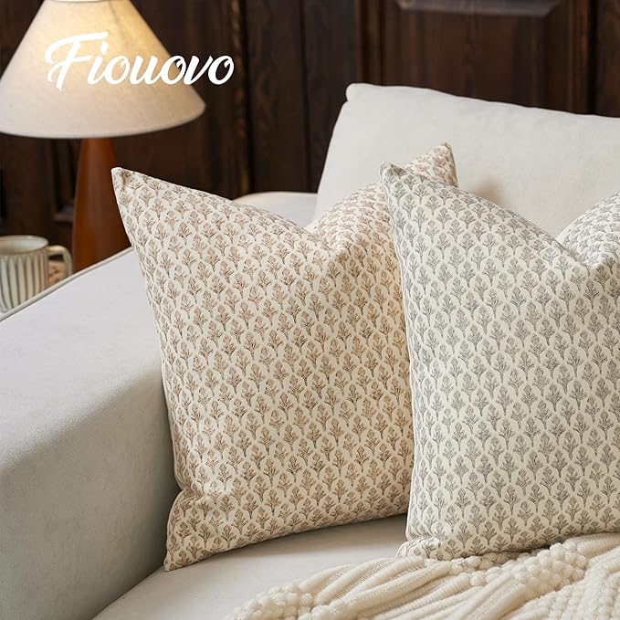 Floral Pillow Covers 18x18 Pillow Cover Block Print Couch Pillows for Living Room Decorative Neutral Accent Throw Pillow Covers, 1PC, Cognac Brown