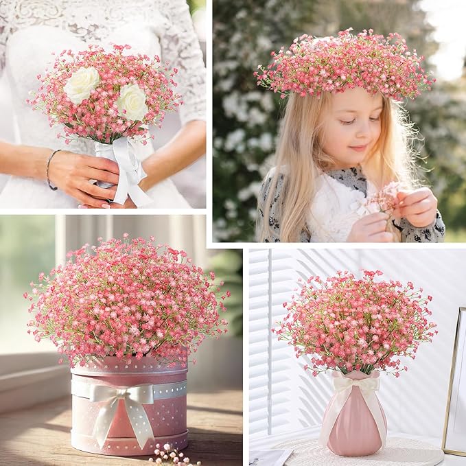 N&T NIETING Babys Breath Artificial Flowers Bulk, 24Pcs Fake Gypsophila Bouquet Flowers Real Touch Faux Babies Breath Arrangement for Wedding Floral Party Home Centerpieces Vase Decoration, Pink
