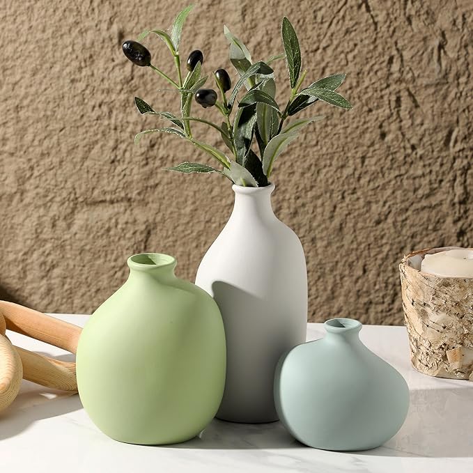 Ceramic Vase Set of 3, Rustic Farmhouse Pottery Vases for Home Decor, Perfect for Pampas Grass, Dried or Fresh Flowers, Ideal for Living Room, Bedroom, Kitchen, Bathroom, Bookshelf, Table Centerpiece.