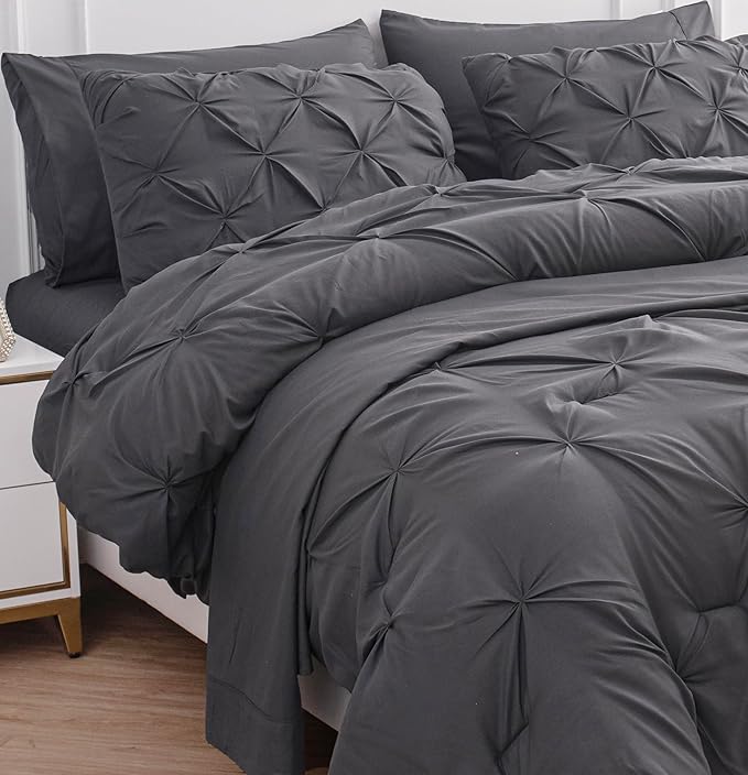 LANE LINEN Queen Comforter Set, 7 Piece Bedding Set, Pillowcases & Shams - Pintuck Comforter & Soft Queen Bed in a Bag Set - Grey