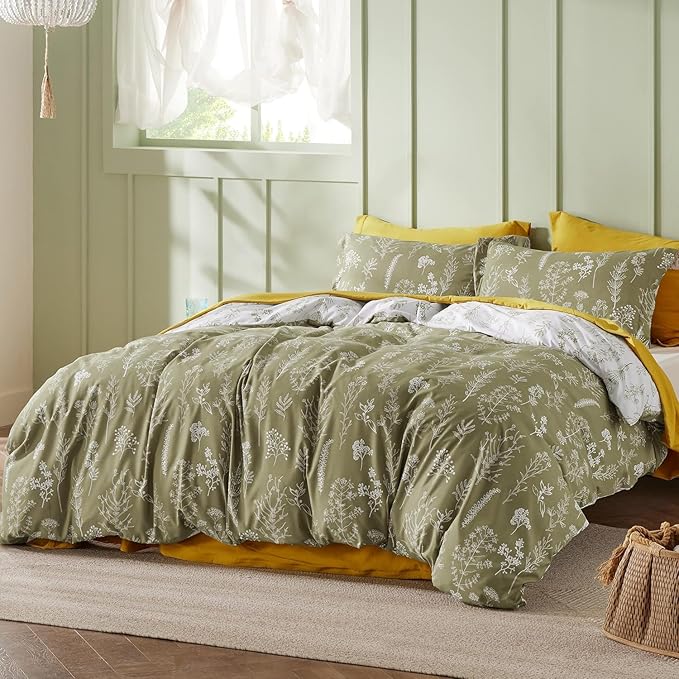 Bedsure Oversized Queen Comforter Set - Olive Green Bed Set, 3 Pieces Cute Floral Bedding, 1 Soft Reversible Botanical Flowers Comforter and 2 Pillow Shams