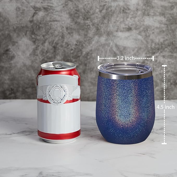 MEWAY 12oz/12 Pack Wine Tumbler Glasses with Lid - Stemless Double Wall Vacuum Stainless Steel Glitter Tumbler - Keeping Cold & Hot Cup for Coffee,for Women(Rainbow Navy,Set of 12)