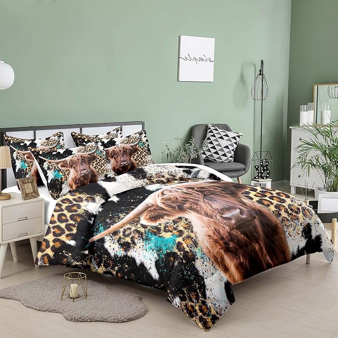 Tailor Shop Western Highland Cow Bedding Queen Size Wild Cow Print Comforter Sets for Kids Teens Boys Leopard Comforter Sets with 2 Pillowcases