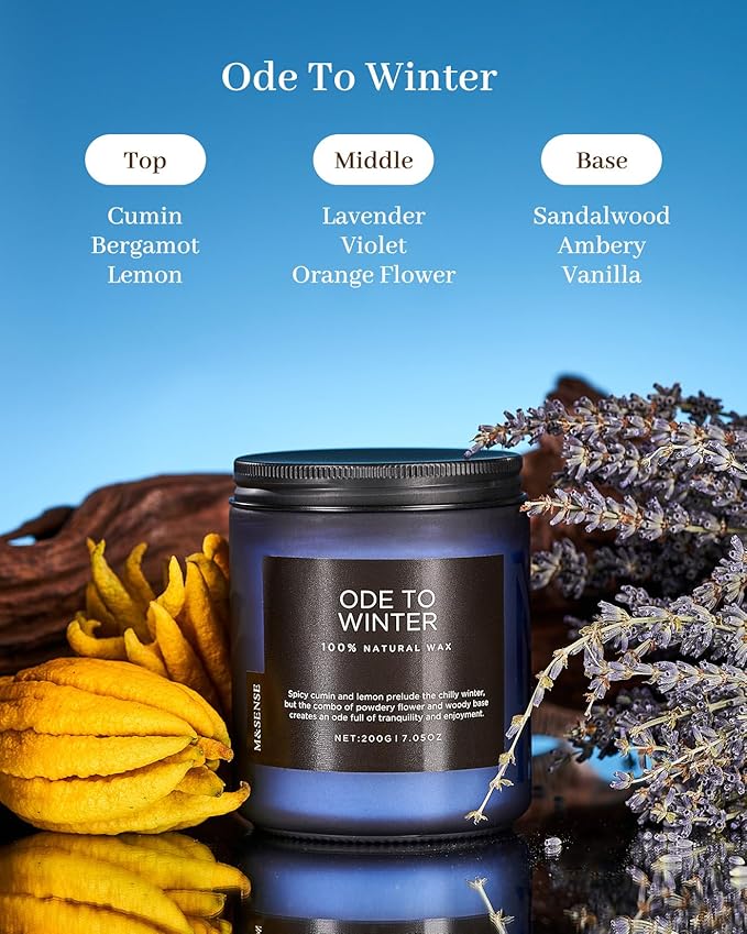 M&SENSE Ode to Winter - Lavender & Sandalwood Scented Candle for Relaxing Natural Soy Wax Non Toxic Cotton Wick Winter Scent, 7.05oz Up to 50 Hours Burn Time Gifts for Home