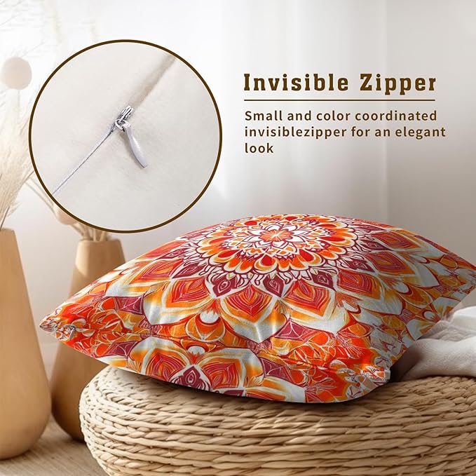 Boho Throw Pillow Covers 22x22 - Orange Floral Pillow Covers Set of 2 Bohemian Pillowcase Botanical Flowers Blossom Cushion Case for Sofa Bed Couch Home