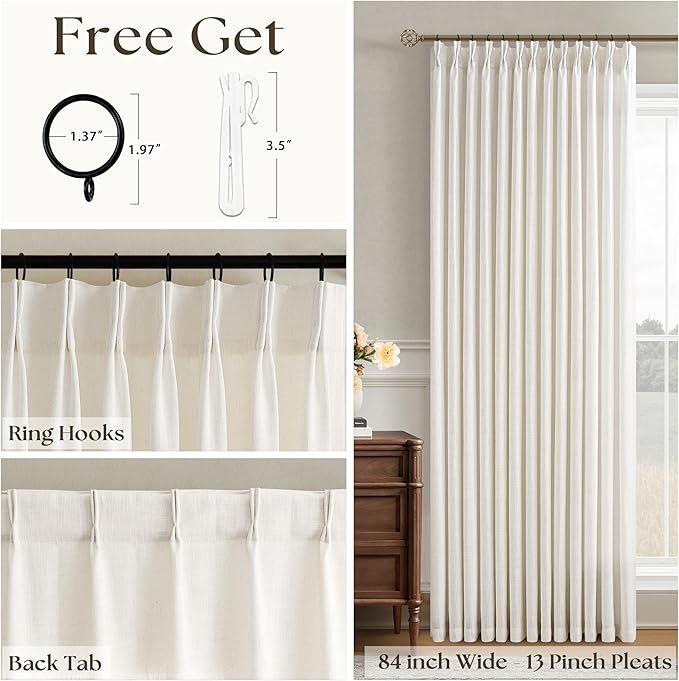 Pinch Pleated Extra Wide Linen Curtains 84 Inches Long for Patio Sliding Glass Door Cream Beige 84 Inch Wide Pleated Drapes with Hooks Rings Neutral Natural Semi Sheer 84 x 84 Curtain for Living Room