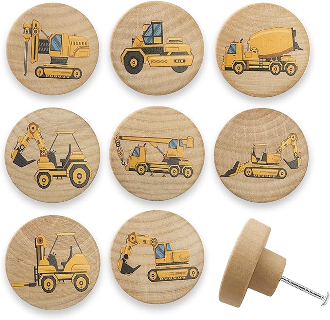 Set of 8 Wooden Construction Vehicle Digger Vehicle Theme Boys Bedroom Furniture Cabinet Dresser Drawer Knobs and Pulls 1.8 X 1.8 Inches