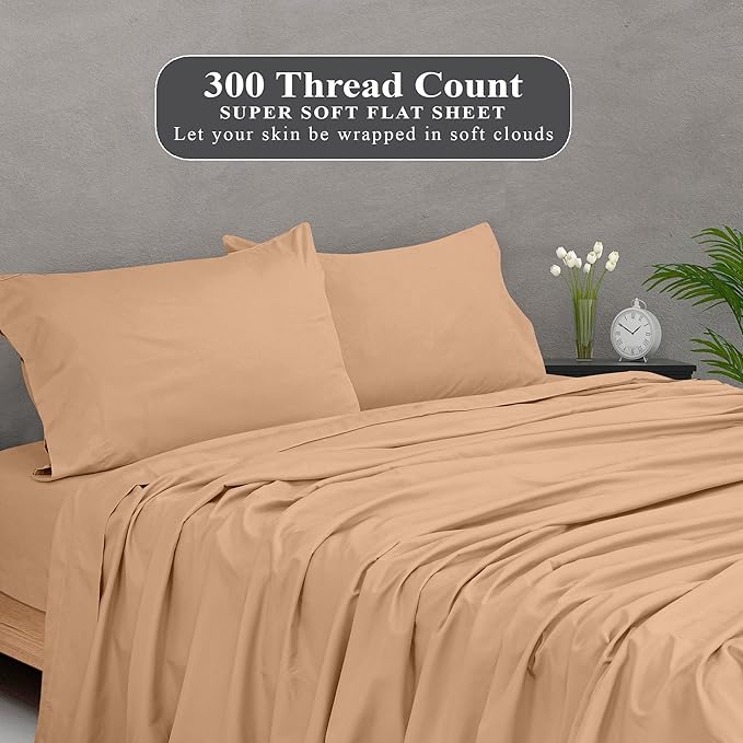 Royale Linens 300 Thread Count 100% Long Staple Combed Cotton Flat Sheet - Super Soft - Top Sheets - Queen Flat Sheet Sold Separately - Breathable, Cool & Crisp Percale Sheets Only (Queen, Sand)
