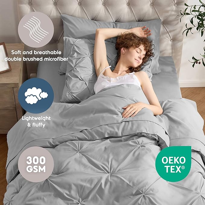 Nestl Twin XL Comforter Set 5 Piece - Pintuck Twin XL Bedding Set Light Grey, College Dorm Room Essentials Bed in a Bag, Twin XL Comforter Set for College Girls & Boys with Sheets, Pillowcase and Sham