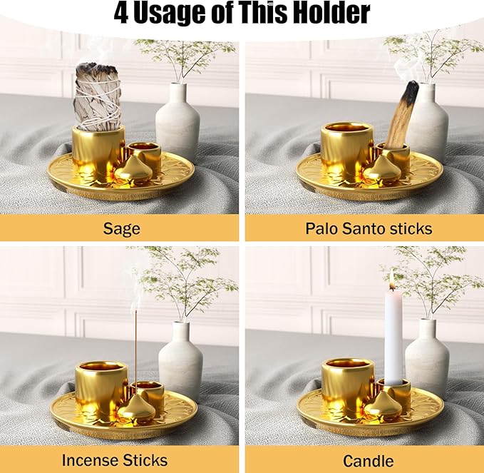 Palo Santo Holder - 4 in 1 Incense & Candle Holder - Ceramic Incense Holder Ash Catcher Tray for Meditation Room - Easy to Clean (Gold)