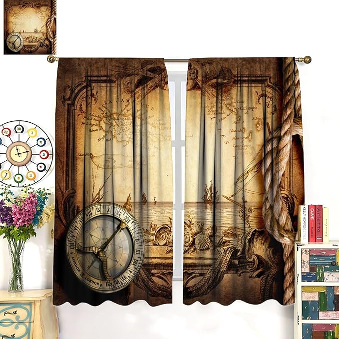 Pirate Map Curtains, Nautical Theme Old Ancient Treasure Map Secret Sea History Pattern Blackout Window Drapes for Kids Boys Bedroom Living Room 42x54 Inch