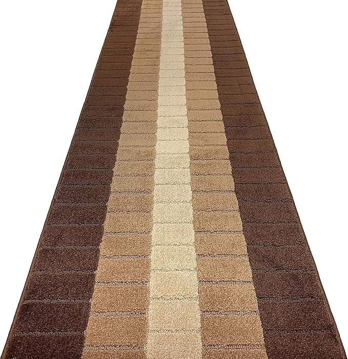 Custom Size Modern Geometric Pattern Carpet Runner Rug for Hallways, Slip Resistant Latex Rubber Backed, 31 inch Wide X Customized Length, Squares Brown, 31 inch X 22 feet