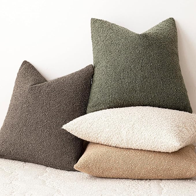Foindtower Decorative Textured Boucle Throw Pillow Covers Accent Solid Pillow Cases Neutral Soft Cozy Couch Cushion Case for Chair Sofa Bedroom Living Room Home Decor 22x22 Inch,1PC,Moss Green