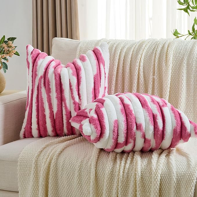 FUTEI Blush Decorative Throw Pillow Covers 26x26 Inch Set of 2, Soft Tie-Dye Faux Rabbit Fur Striped Texture Euro Pillow Sham, Modern Home Decor for Couch Bed Living Room