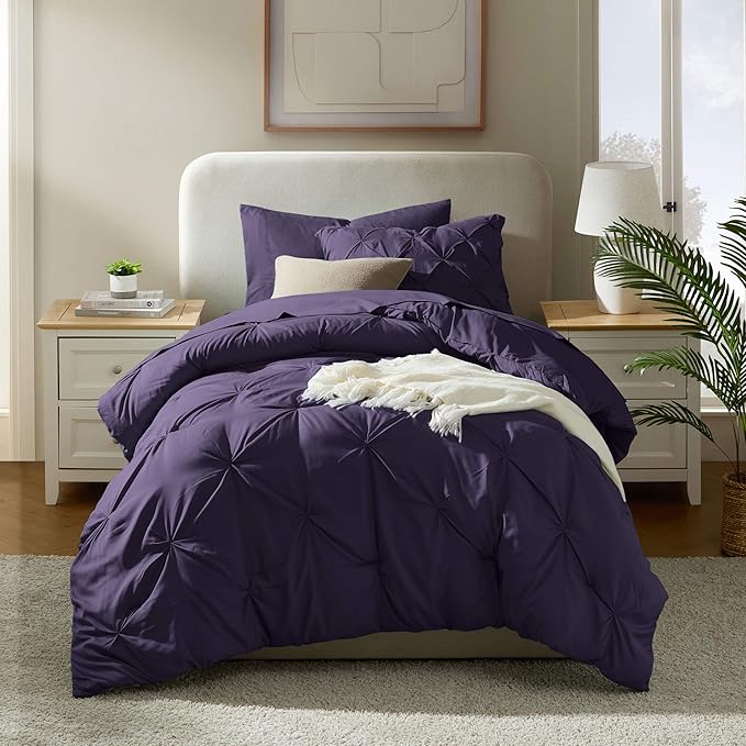 Nestl Twin XL Comforter Set 5 Piece - Pintuck Twin XL Bedding Set Purple, College Dorm Room Essentials with Sheets, Pillowcase and Sham