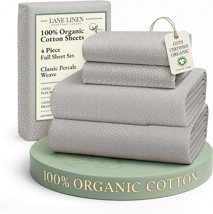 LANE LINEN Printed 100% Organic Cotton Bed Sheets Full Size, Fully Elasticized Reinforsed Seams in Fitted Pocket, Machine Washable Naturally Cooling Full Sheet Deep Pocket Bedding- Snowdrop