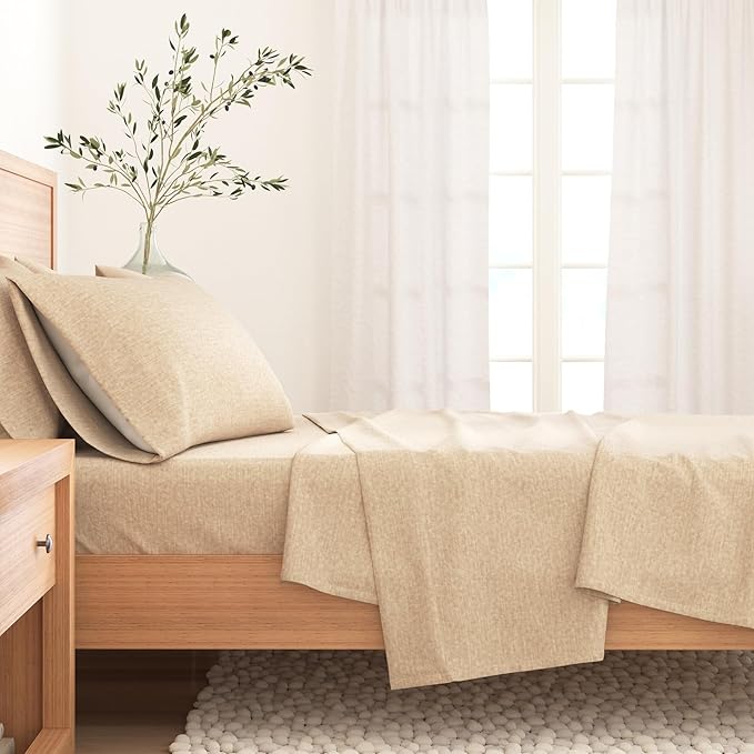 Great Bay Home Flannel Sheet Set King Size - Heathered Cotton Blend, Double-Brushed, Winter Bed Sheets - Ultra-Soft, Cozy, 4-Piece Rustic Bedding Set (Heathered Sand)