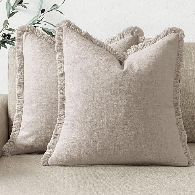 Woaboy Set of 2 Decorative Linen Fringe Throw Pillow Covers Boho Farmhouse Cushion Covers Accent Pillowcases with Tassels for Living Room Couch Sofa Bed Chair,20x20 Inch,Beige